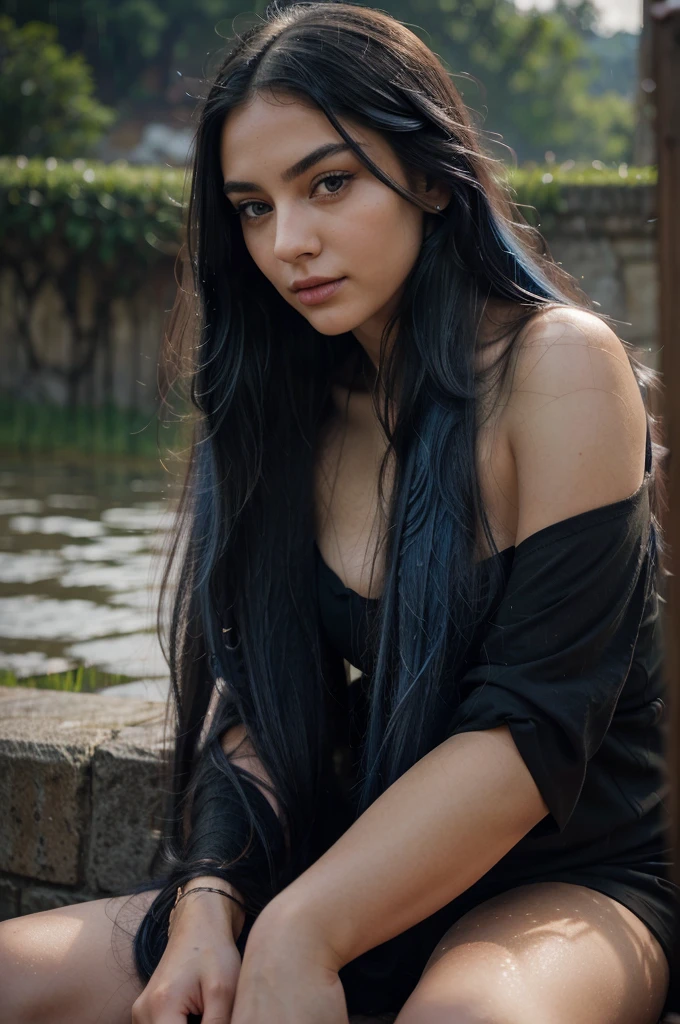 A girl with long blue hair. Her face is exquisite, with high cheekbones and smooth fair skin. Her large black eyes, framed by long thick eyelashes, are impressive and expressive, radiating calmness and confidence. Well-defined eyebrows curve gracefully above her eyes, adding intensity to her gaze. She has a small, straight nose and full, slightly parted lips that curve into a slight smile, revealing hints of mischief and allure. A girl in the rain sitting high on a mountain