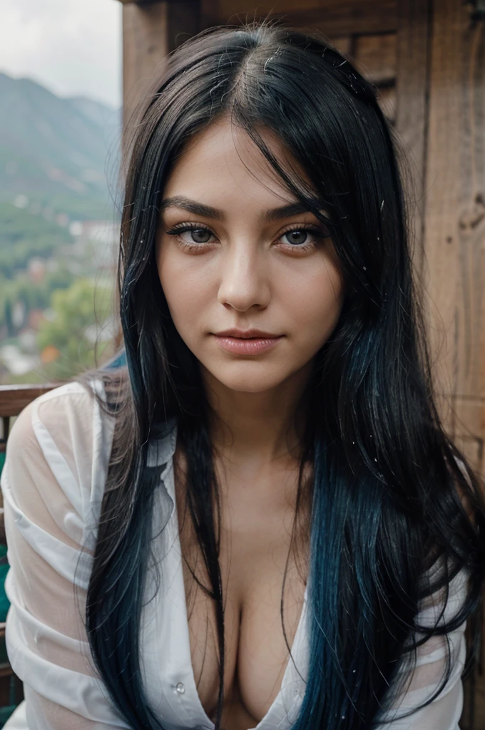 A girl with long blue hair. Her face is exquisite, with high cheekbones and smooth fair skin. Her large black eyes, framed by long thick eyelashes, are impressive and expressive, radiating calmness and confidence. Well-defined eyebrows curve gracefully above her eyes, adding intensity to her gaze. She has a small, straight nose and full, slightly parted lips that curve into a slight smile, revealing hints of mischief and allure. A girl in the rain sitting high on a mountain