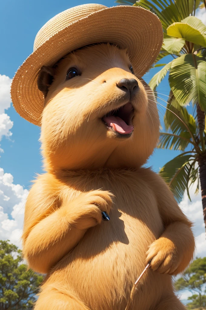Cute capybara singing with microphone and straw hat