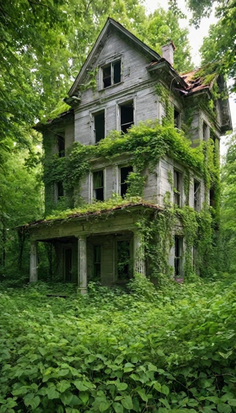 a house in an abandoned place that nature has taken over