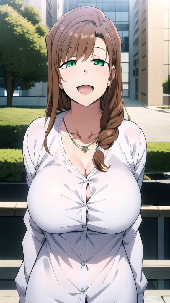 master piece, 1girl, breasts, solo, brown hair, green eyes, , large breasts, looking at viewer, smile, open mouth, long hair, collarbone, upper body, necklace, white dress, cardigan, brown jacket, , (((white shirt))), outside, park
