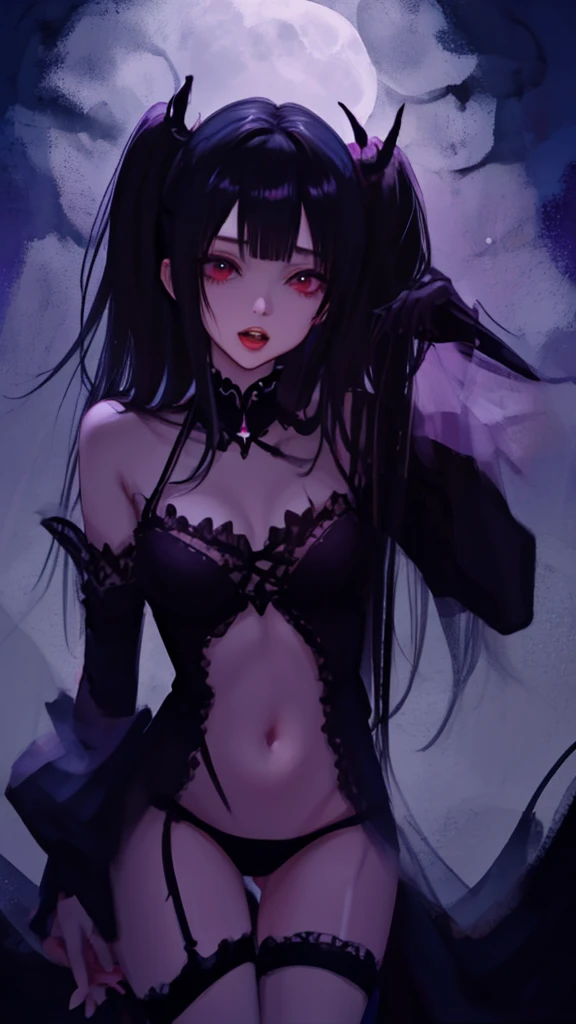 Moonlight night , Orgasm, afigao, erotic underwear, , language, saliva on tongue, Erotic clothing , sexy pose, hot girl , sex, hentai, , A vampire, Dark Gothic, black, (black hair), asymmetrical bangs, Blunt bangs, straight hair, Long sideburns, Devil girl, Eyes purple, tooth, Orgasm, the power of darkness, cowboy shot,