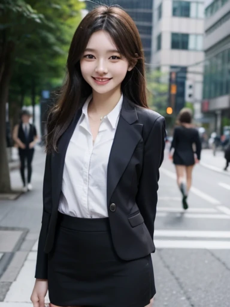 Japanese、18 year old girl、Very slim、((Smiling))、business suit、Business district、mini skirt