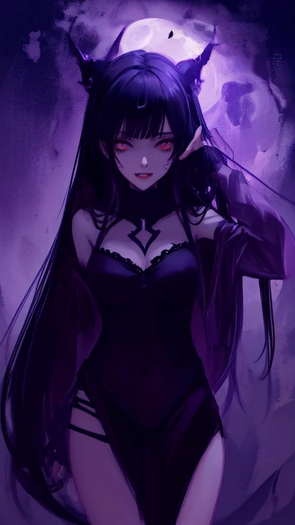 (Moonlight night), sex, hentai, , A vampire, Dark Gothic, black, (black hair), asymmetrical bangs, Blunt bangs, straight hair, Long sideburns, Devil girl, Eyes purple, tooth, Orgasm, the power of darkness, cowboy shot,