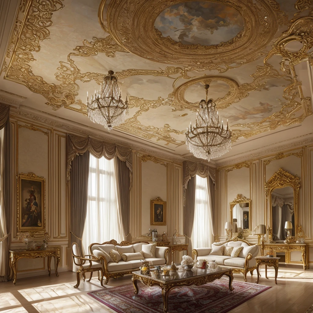 fine art palace interior with lots of furniture, luxury, intricate design, fine details, foreground, high chaos, volumetric lighting, white + beige colors, Johan Grenier style, Alyssa Monks style