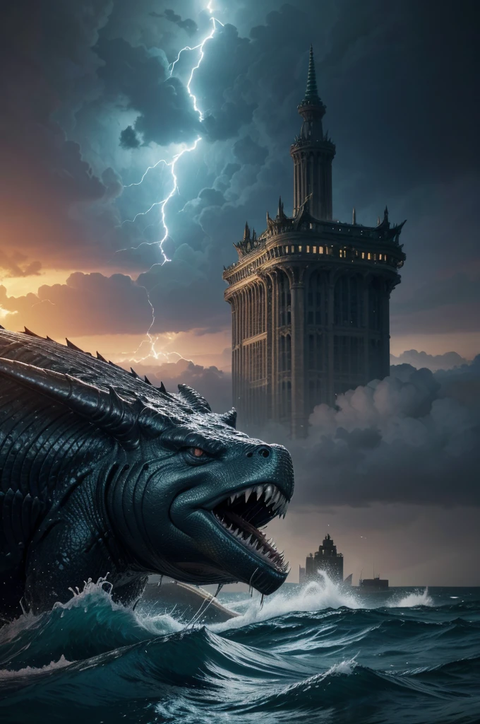 Create an ultra-realistic image of Leviathan, the massive sea monster from biblical descriptions. Leviathan has impenetrable armor-like scales, fearsome teeth, and eyes like the rays of dawn. Out of its mouth shoot sparks of fire, and smoke pours from its nostrils. Place Leviathan in a dark, stormy ocean with towering waves and lightning illuminating the scene. Leviathan should be emerging from the water, dwarfing the ruins of a destroyed city in the background. The ruins, partially submerged, should show twisted metal and crumbling buildings. Include small, glowing remnants of advanced technology among the ruins. The scene should evoke awe and fear, highlighting Leviathan's power and the desolation of the world around it.