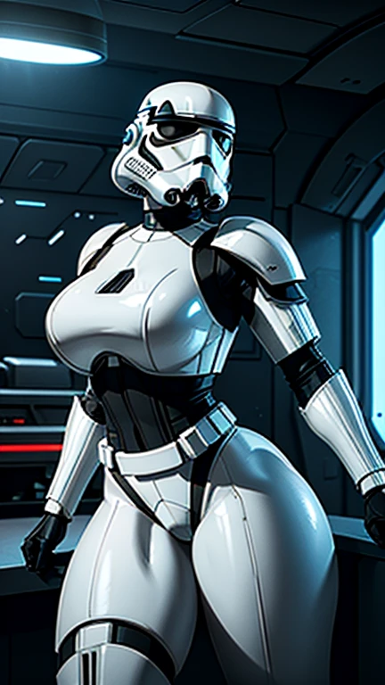 Stormtrooper helmet, female stormtrooper with big round breasts, wide hips, round ass, slim athletic body, thick thighs, hyper realistic, 8k, cinematic lighting, extremely detailed, photorealistic, vibrant colors, dynamic pose, intricate armor details, futuristic science fiction, moody atmosphere, cinematic lighting, in death star in background