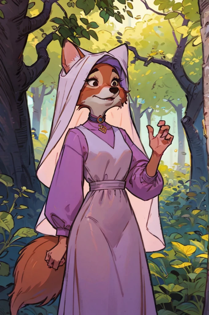 CARTOON_MaidMarian_ownwaifu, furry female fox, animal ears, black eyes, animal nose, orange fur, tail,veil,purple dress, long sleeves,choker, looking at viewer, serious, standing, outside, forest, natural lighting, high quality, masterpiece,  