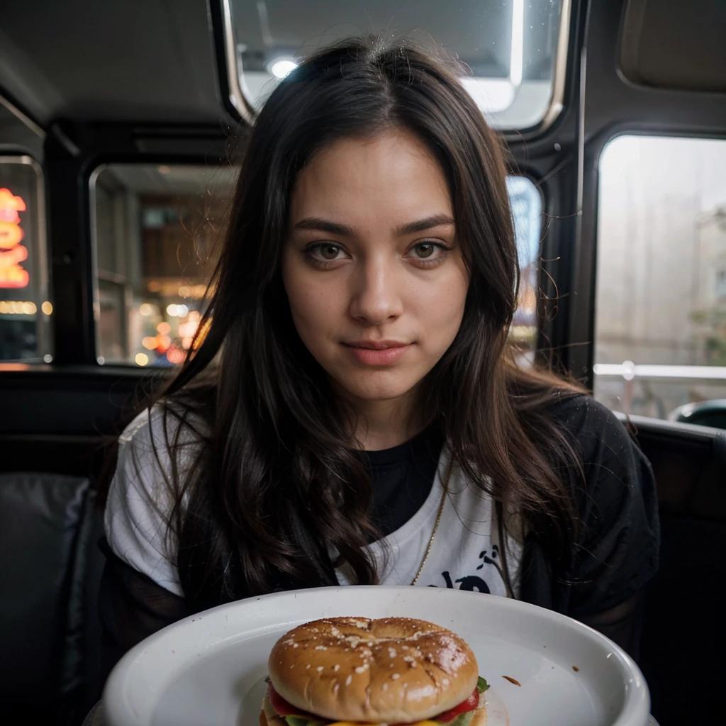 A beautiful woman, cute dark brown eyes, smooth white skin, beautiful silky black hair, beautiful colors, smooth drawing, clear picture, no blur, realistic drawing, realistic lighting, no distortion, complete realistic, realistic skin, in car, eating fast food, fast food burger, cute smile, detailed scenery, adorable comfy sweater, colorful aesthetic, cute nighttime lighting, cute adorable lighting, detailed night aesthetic