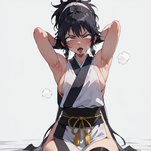 1girl, (ahegao), (masterpiece:1.3), (high resolution), (8K), (extremely detailed), (4k), (pixiv), perfect face, nice eyes and face, (best quality), (super detailed), detailed face and eyes, (solo), textured skin, absurdres, highres, wzkomachine, white eyes, Small breasts, sash, bike shorts, short sleeves, bangs, black gloves, fingerless gloves, long hair, black hair,ponytail, japanese clothes, kimono, sitting on floor, looking at viewer,Nipple exposure,Sexy, flirtatious, Solitary, eternity, - Hip vents, No underwear,No eyeballs, Also available in black, low twin braids,Facing the audience, looking at the audience, tired, from below, (Exposed armpit:1.1), ((armpit:1.2)), sexy, Sweating, More and more sweat,(ahegao), (Roll your eyes), Naughty face, blush, open mouth, Sticking out tongue, saliva, Slobber,Skinny, raise arms, (arms above head:1.5)