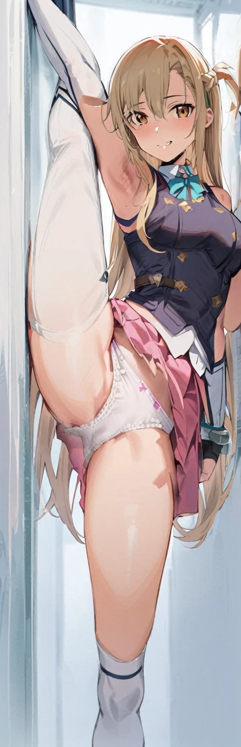(Masterpiece, Best Quality:1.2), 1 girl, alone, asuna, Star, sword art online ,standing_to share,
, broad,short black sleeveless vest,pink skirt,negro. 1 leg up, marked white underwear.
