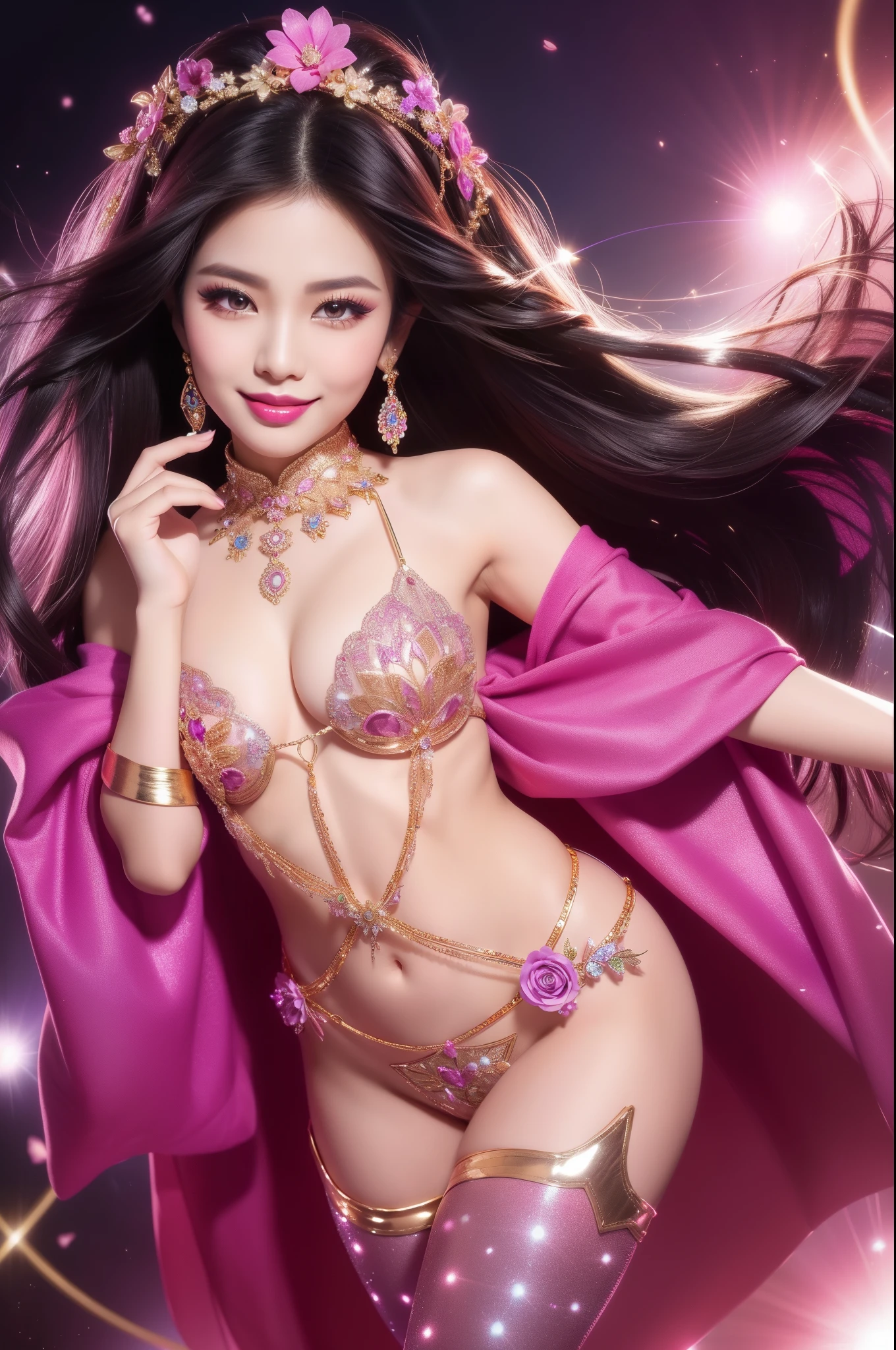 sexy Thai model who controls poison、beautiful smile、lip-gloss、bold lipstick、long lashes, metallic makeup、look at the camera、full body Esbian、、sparkling poisoned flower costume、、、、sparkling Colorful hair、secrete poison、skull hair accessories、sexy tights、shiny sparkling flowers background