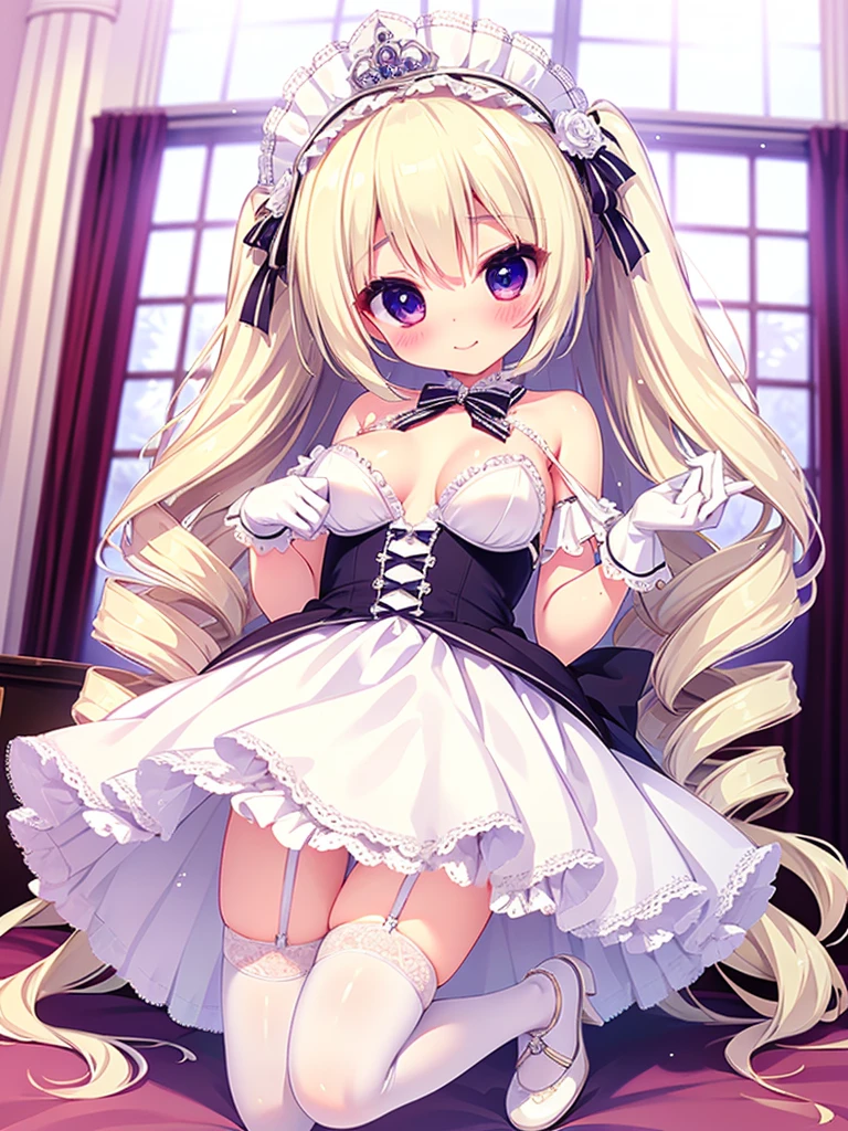 ((Highest quality)), ((masterpiece)), (be familiar with), Perfect Face, Big eyes, Drooping eyes, eyelash, The sparkling light of the eyes, platinum blonde twin drill hair, (wedding dress), (ta fashion), white fishnet tights, White garter belt, white high heels, tiara veil, white gloves, (mini skirt lift), (intricate detailed white satin panties), shy smile, medium breasts, smile, closed mouth, whole body