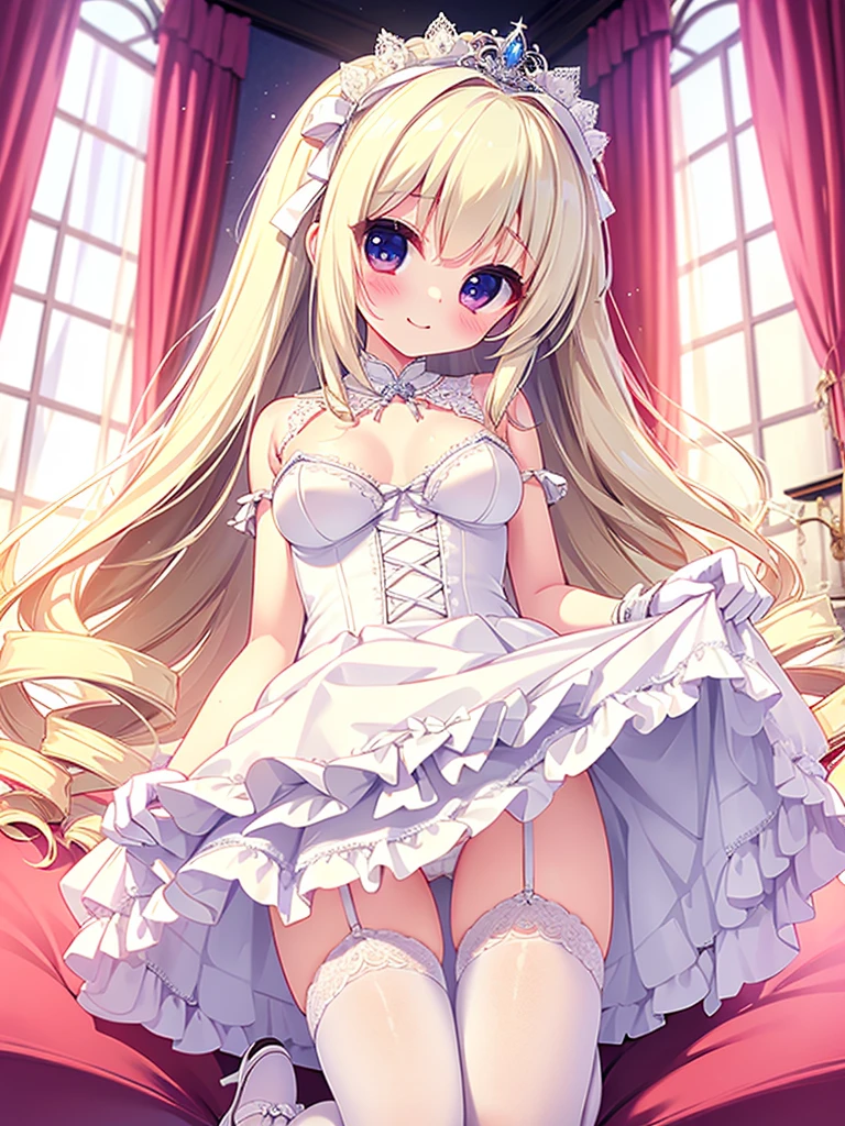 ((Highest quality)), ((masterpiece)), (be familiar with), Perfect Face, Big eyes, Drooping eyes, eyelash, The sparkling light of the eyes, platinum blonde twin drill hair, (wedding dress), (ta fashion), white fishnet tights, White garter belt, white high heels, tiara veil, white gloves, (mini skirt lift), (intricate detailed white satin panties), shy smile, medium breasts, smile, closed mouth, whole body