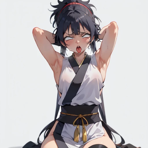 1girl, (ahegao), (masterpiece:1.3), (high resolution), (8K), (extremely detailed), (4k), (pixiv), perfect face, nice eyes and face, (best quality), (super detailed), detailed face and eyes, (solo), textured skin, absurdres, highres, wzkomachine, white eyes, Small , sash, bike shorts, short sleeves, bangs, black gloves, fingerless gloves, long hair, black hair,ponytail, japanese clothes, kimono, sitting on floor, looking at viewer,Nipple re,Sexy, flirtats, Solitary, eternity, - Hip vents, No underwear,No eyeballs, Also available in black, low twin braids,Facing the audience, looking at the audience, tired, from below, (Exposed armpit:1.1), ((armpit:1.2)), sexy, Sweating, e and more sweat,(ahegao), (Roll your eyes), Naughty face, blush, open mouth, Sticking out tongue, saliva, Slobber,Skinny, raise arms, (arms above head:1.5)