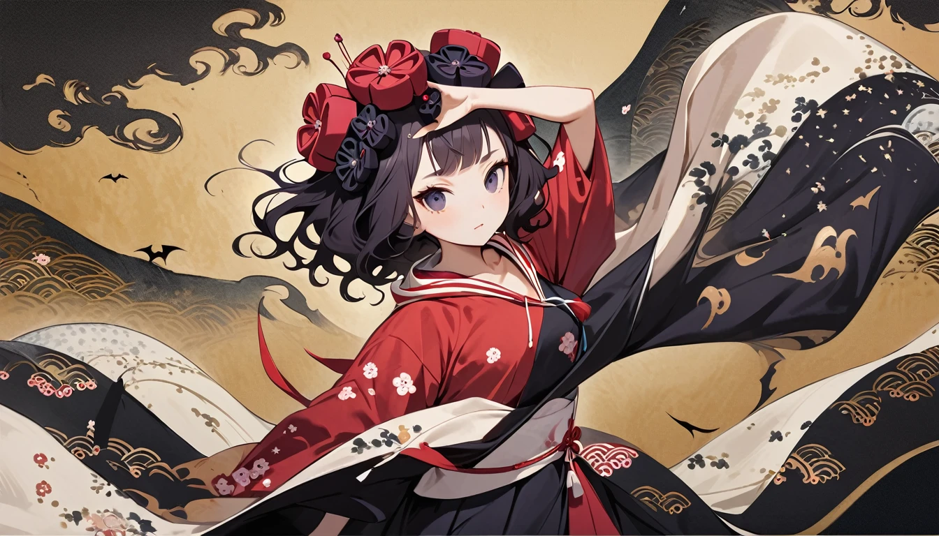 (((Katsushika Hokusai))), (((Ink Painting))), ((Japanese style headphones)), (((Girl possessed by a demon))), ((Light colored sunglasses)), (Japanese pattern hoodie, Japanese pattern shorts), (Black shiny hair, Beige skin), ((dancing)), (surreal, digital painting)