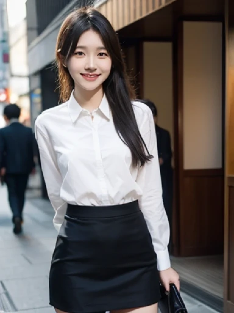 Japanese、18 year old girl、Very slim、((Smiling))、business suit、Business district、mini skirt