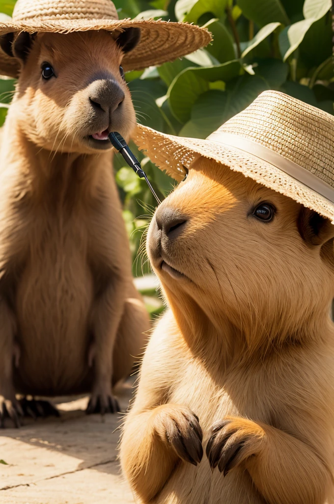 Cute capybara singing with microphone and straw hat