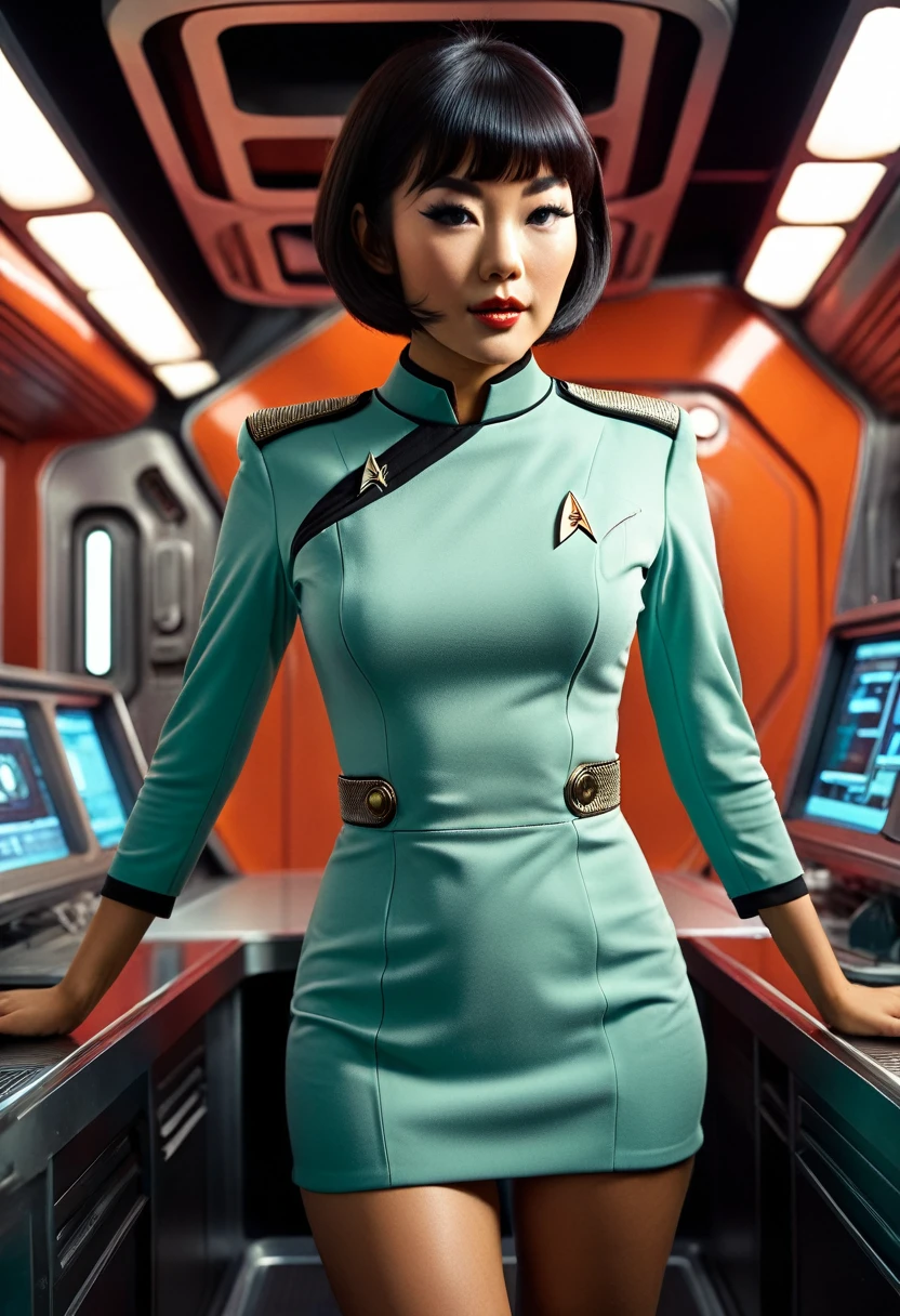 provocative, sexy, very sexy, flirtatious, arousing, revealing, sensuous, teasing ((wearing star trek original series 70s once piece mini dress bridge crew uniform)) (asian crew member with bob haircut and slim figure) ((in the style of a retro-futuristic, retro-scifi film set) ((in the style of a 70s erotic movie, soft focus, cinematic, pulp, porn, retro porn, 1970s film) ((ultra realistic, detailed and dynamic)) (nikon d850 film 4 kodak portra 400 camera f1.6 lens, rich colors, hyper realistic, lifelike texture, dramatic lighting, cinestill 800 tungsten, (RAW photo, nikon, 8k, Super detailed, advanced details, intricate details, Super detailed), (award winning photo, masterpiece), (photo-realistic) ((anatomically correct, High precision human body, highly detailed face, realistic skin)) Lighting: Face lighting, Ray tracing, reflective light, Structurally correct)