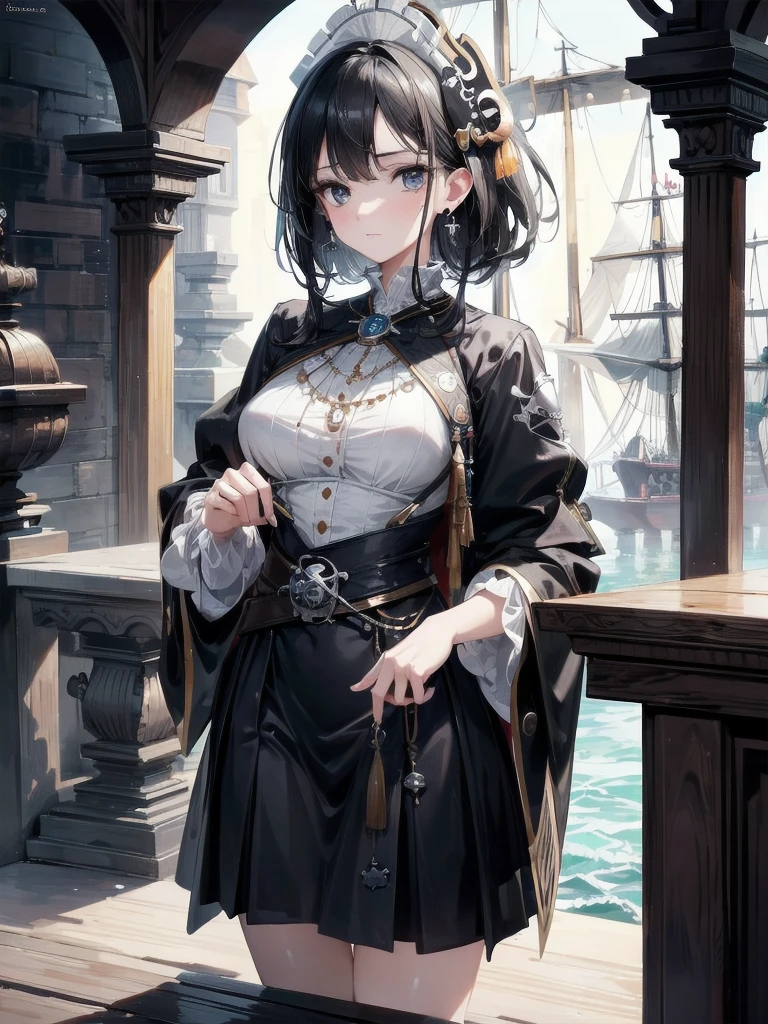 absurdres, RAW photo, extremely delicate and beautiful, masterpiece, Best Quality, ultra high resolution, 32k, hyperrealistic, ultra-detailed, delicate facial features, beautiful detailed woman, tearful mole, earring, medium breasts, full body shot, medium hair, black hair, (Practical pirate clothing), Long-sleeved pirate top, Skirt,