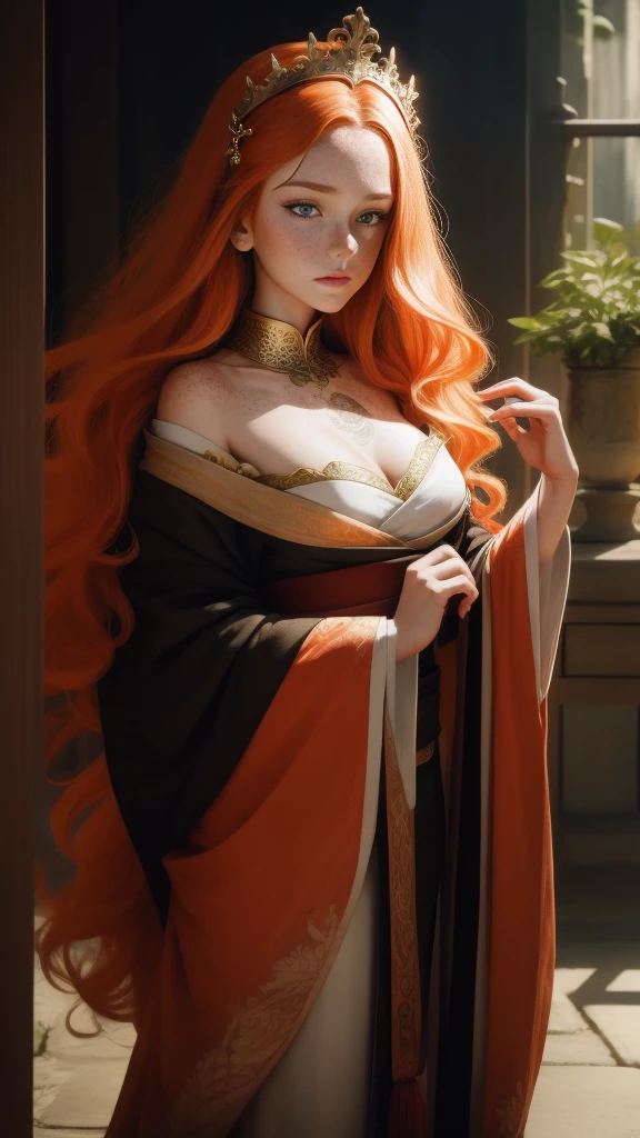 Young princess, striking figure, long flowing ginger hair, wavy hairs, fair skin, ((freckles)), ((kolito)), innocent and regal appearance, expressive green eyes are filled with a mix of curiosity and determination, her slender frame, elegant grace, vibrant orange kimono with white and black decorations, very long ((sleeves past fingers)), sleeves past wrists, cleavage, feather headdress