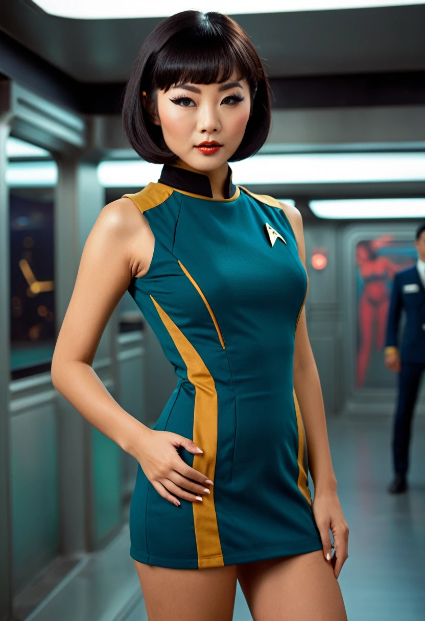 provocative, sexy, very sexy, flirtatious, arousing, revealing, sensuous, teasing ((wearing star trek original series 70s once piece mini dress bridge crew uniform)) (asian crew member with bob haircut and slim figure) ((in the style of a retro-futuristic, retro-scifi film set) ((in the style of a 70s erotic movie, soft focus, cinematic, pulp, porn, retro porn, 1970s film) ((ultra realistic, detailed and dynamic)) (nikon d850 film 4 kodak portra 400 camera f1.6 lens, rich colors, hyper realistic, lifelike texture, dramatic lighting, cinestill 800 tungsten, (RAW photo, nikon, 8k, Super detailed, advanced details, intricate details, Super detailed), (award winning photo, masterpiece), (photo-realistic) ((anatomically correct, High precision human body, highly detailed face, realistic skin)) Lighting: Face lighting, Ray tracing, reflective light, Structurally correct)