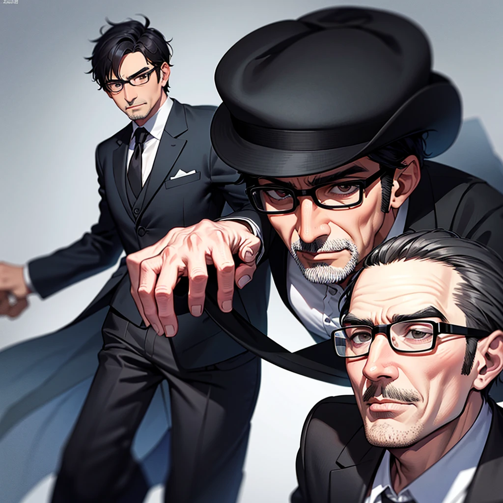 A cool old man with glasses, black hair, and a suit, no beard.。It's better to have a little bangs