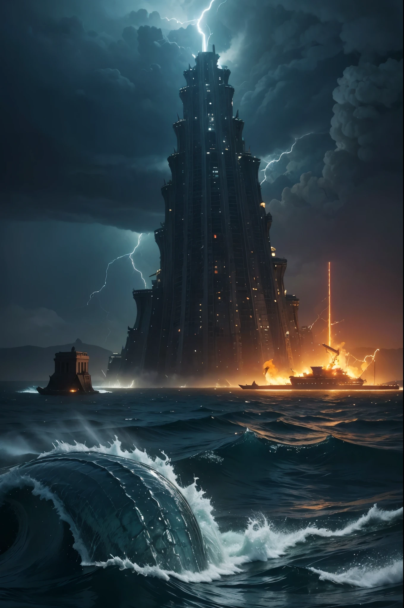 Create an ultra-realistic image of Leviathan, the massive sea monster from biblical descriptions. Leviathan has impenetrable armor-like scales, fearsome teeth, and eyes like the rays of dawn. Out of its mouth shoot sparks of fire, and smoke pours from its nostrils. Place Leviathan in a dark, stormy ocean with towering waves and lightning illuminating the scene. Leviathan should be emerging from the water, dwarfing the ruins of a destroyed city in the background. The ruins, partially submerged, should show twisted metal and crumbling buildings. Include small, glowing remnants of advanced technology among the ruins. The scene should evoke awe and fear, highlighting Leviathan's power and the desolation of the world around it.