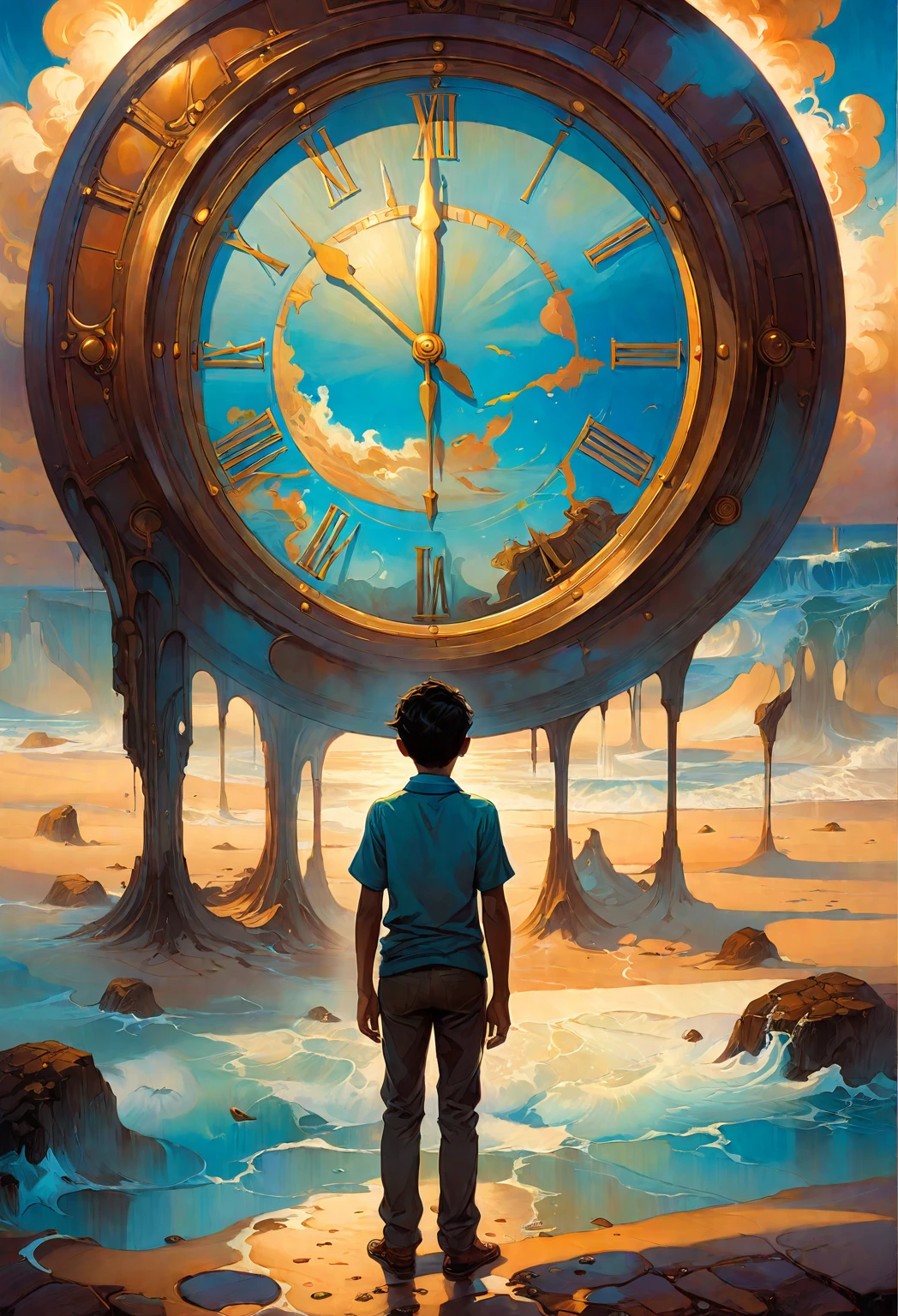 painting of a boy standing in front of a giant clock, son of time, the passage of time, illusion of bent time, the sands of time, in search of lost time, the passing of time, time is running out, cyril rolando and m.w kaluta, cyril rolando and m. w kaluta, caught in the flow of time
