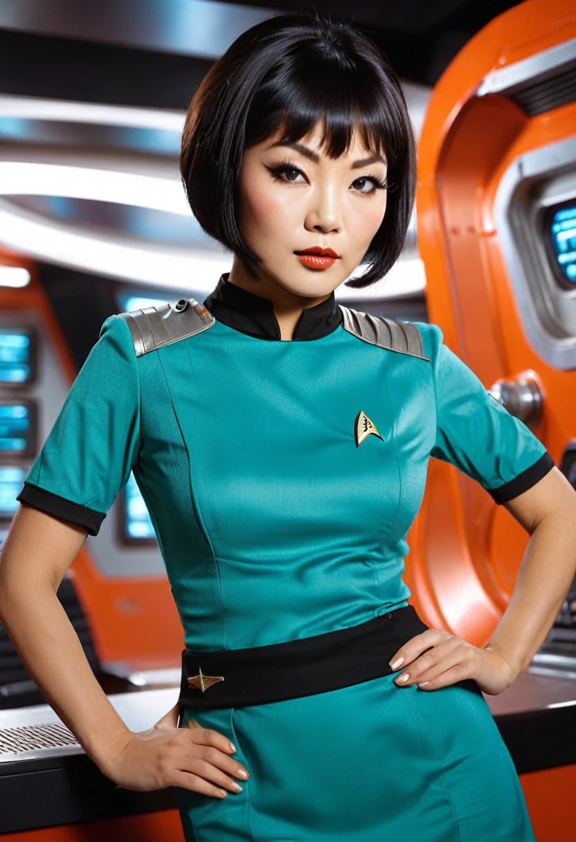 provocative, sexy, very sexy, flirtatious, arousing, revealing, sensuous, teasing ((wearing star trek original series 70s once piece mini dress bridge crew uniform)) (asian crew member with bob haircut and slim figure) ((in the style of a retro-futuristic, retro-scifi film set) ((in the style of a 70s erotic movie, soft focus, cinematic, pulp, porn, retro porn, 1970s film) ((ultra realistic, detailed and dynamic)) (nikon d850 film 4 kodak portra 400 camera f1.6 lens, rich colors, hyper realistic, lifelike texture, dramatic lighting, cinestill 800 tungsten, (RAW photo, nikon, 8k, Super detailed, advanced details, intricate details, Super detailed), (award winning photo, masterpiece), (photo-realistic) ((anatomically correct, High precision human body, highly detailed face, realistic skin)) Lighting: Face lighting, Ray tracing, reflective light, Structurally correct)