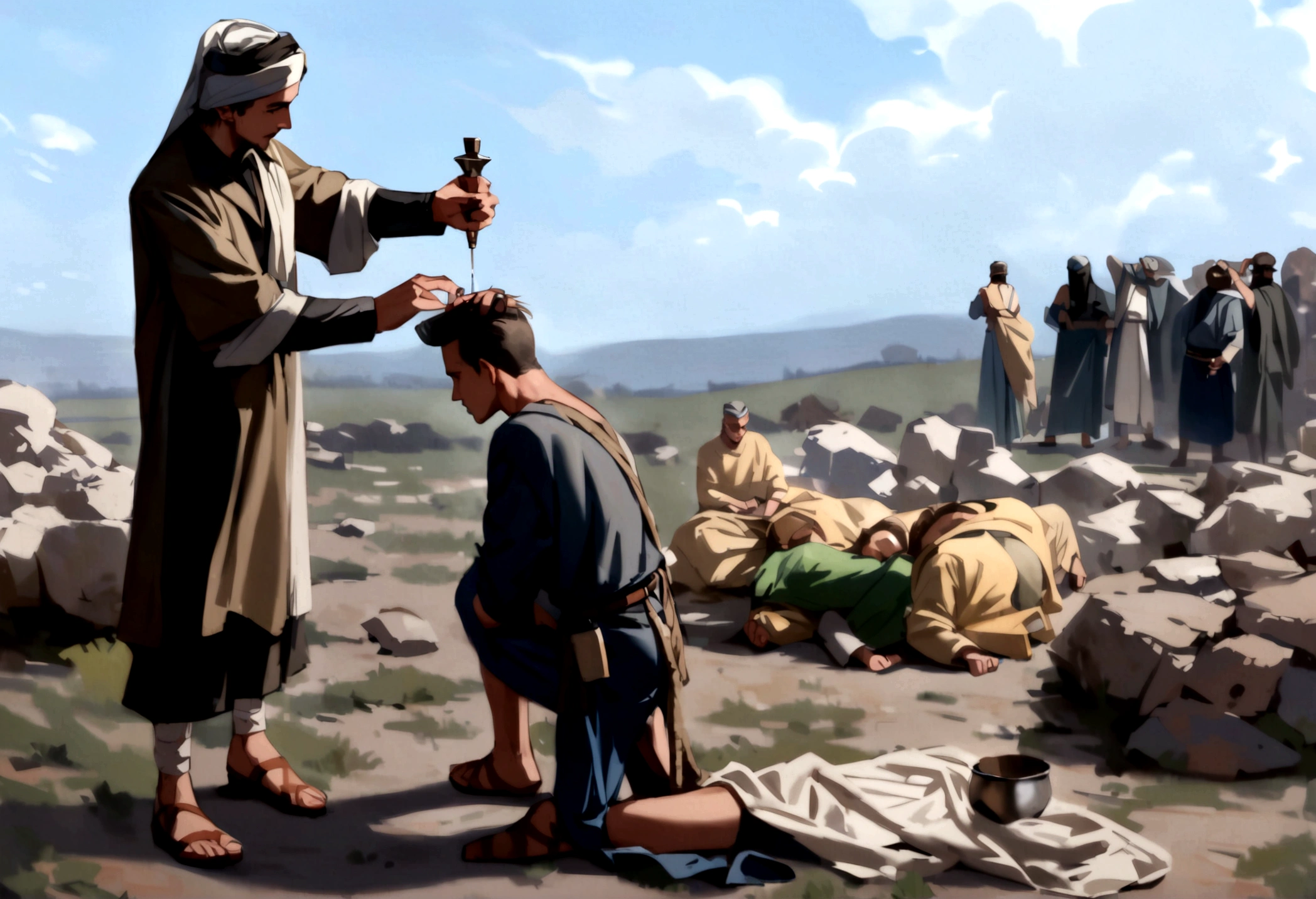 the prophet samuel anointing david's head with oil while his brothers from afar look on