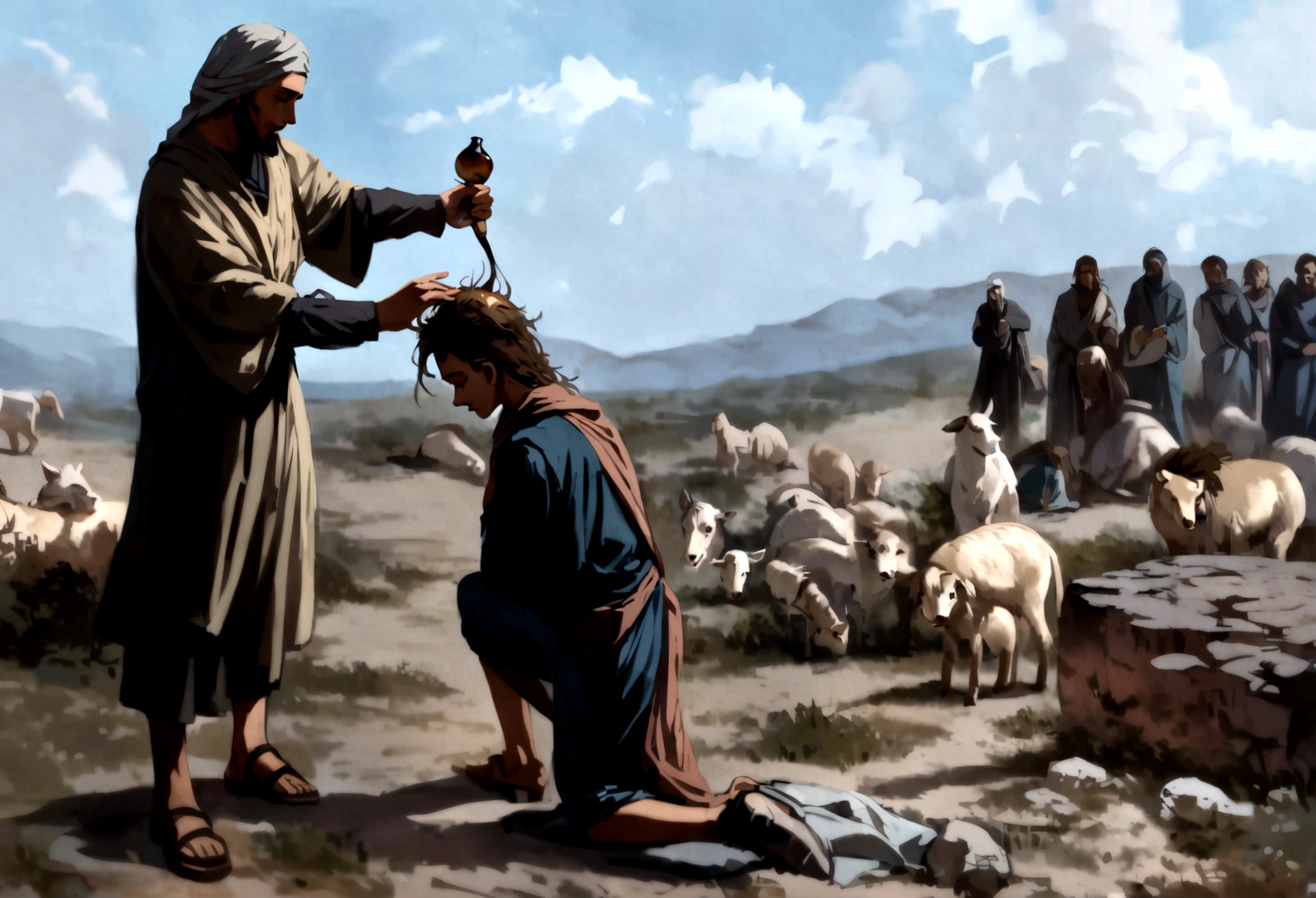 the prophet samuel anointing david's head with oil while his brothers from afar look on