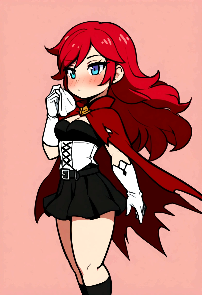 (1 girl),(rubi Rose from rwby), rubi_rwby,1 girl, long hair, hair blue, standing alone, cape, blue colored eyes, red cloak, corset, thicc thighs, torn garments, torn thicc thighs, Black Skirt, zetai ryouiki, don, tissue, Pink, Torn Cape, black thicc thighs, anime coloring, flowers, waist belt,blush, simple background, from sideways, chibi
