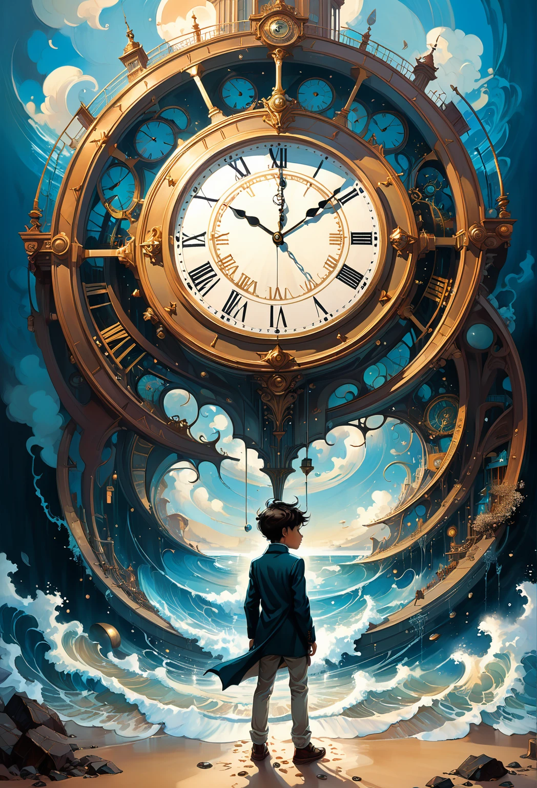 painting of a boy standing in front of a giant clock, son of time, the passage of time, illusion of bent time, the sands of time, in search of lost time, the passing of time, time is running out, cyril rolando and m.w kaluta, cyril rolando and m. w kaluta, caught in the flow of time