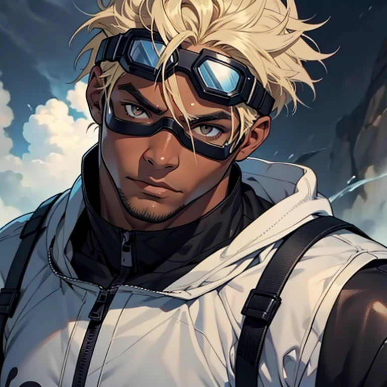 anime adult black man, bleached blonde hair, dark brown eyes, dark skin, muscular build, very physically strong, fighter, topless, close up head shot, cloudy background, blue goggles