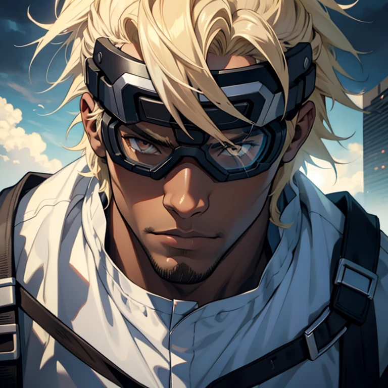 anime adult black man, bleached blonde hair, dark brown eyes, dark skin, muscular build, very physically strong, fighter, topless, close up head shot, cloudy background, blue goggles