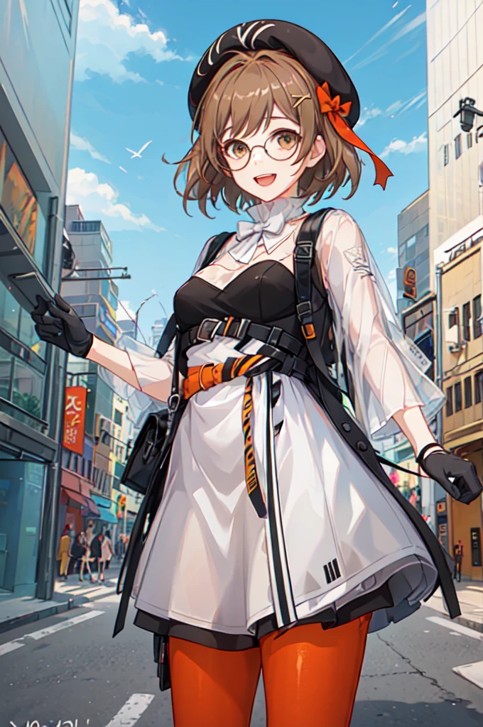 (nsfw),looking at viewer, 1girl, solo, gloves, pantyhose, glasses, hat, brown hair, brown eyes, beret, smile, dress, open mouth, hair ornament, short hair, blue sky, sunshine,clound,modern, city,