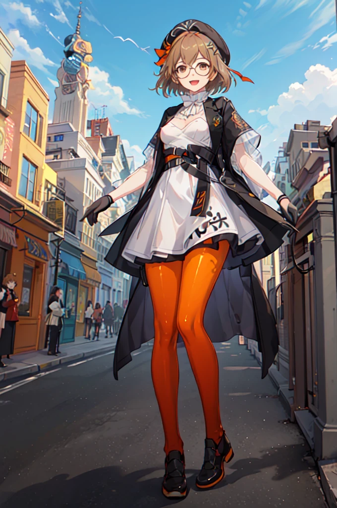 (nsfw),looking at viewer, 1girl, solo, gloves, pantyhose, glasses, hat, brown hair, brown eyes, beret, smile, dress, open mouth, hair ornament, short hair, blue sky, sunshine,clound,modern, city,