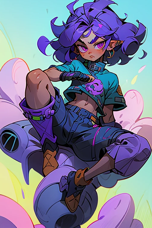 
tan skinned boy with slanted blue and black eyes with curly purple hair and dark purple highlights wearing a blue oveesai shirt and winter boots