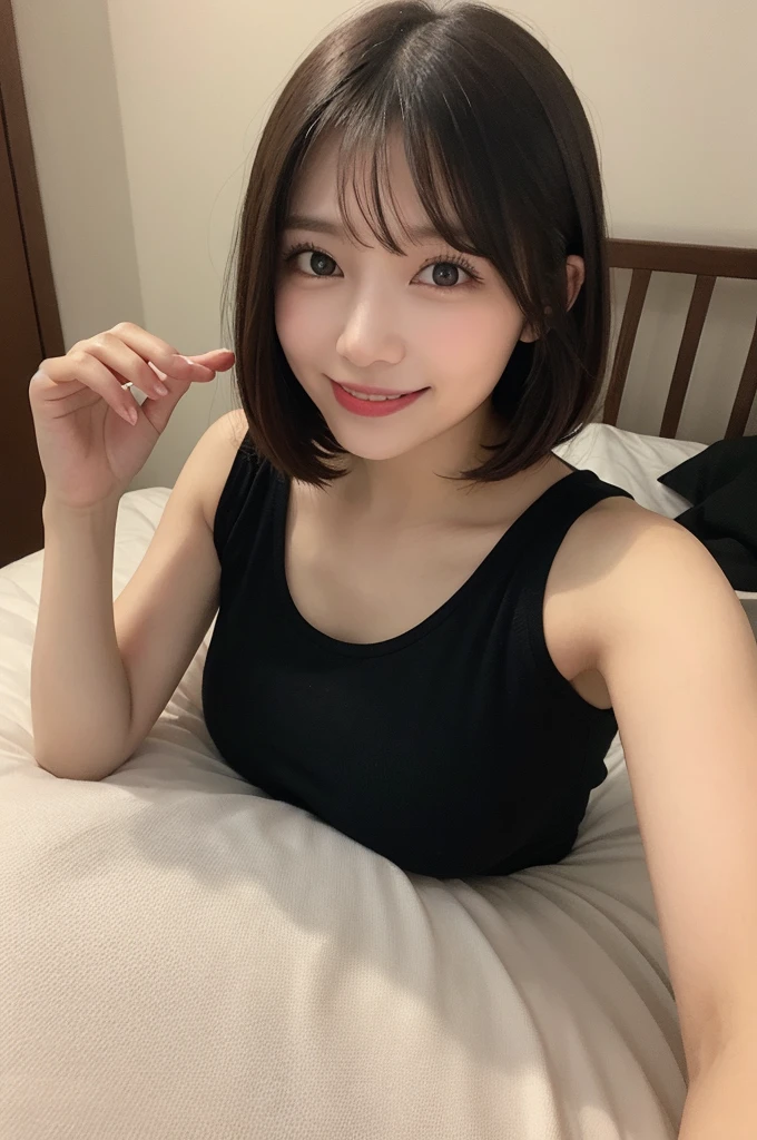 Selfie、Black clothes、Light clothing、Laughing、bed、Lying down、Very short hair、short、ベリーshortカット、Highest quality, figure, Super detailed, In detail, High resolution, 8k wallpaper, Perfect dynamic composition, Beautiful attention to detail, dress,Medium Hair, Small breasts、Natural color lip, Random sexy poses,smile,24-years-old