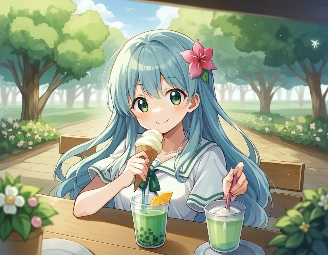 in the forest、Flower Field、Ice cream and cherry on a green drink in a cafe full of flowers、girl, Light blue long hair、Beautiful girl with twin tails、Bright smile、Melon Soda、Cute realistic portrait, かわいいgirlのアニメビジュアル, ソーダをテーマにしたgirl, かわいいアニメのgirl,With a straw, Splash art anime