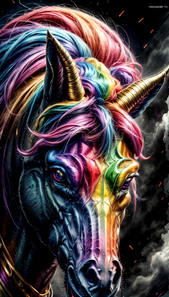 a colorful rainbow pony, sharp metallic spiral horns, detailed fantasy creature, (best quality,4k,8k,highres,masterpiece:1.2),ultra-detailed,(realistic,photorealistic,photo-realistic:1.37),intricate patterns,shiny metallic textures,vibrant colors,cinematic lighting,magical fantasy,highly detailed digital art