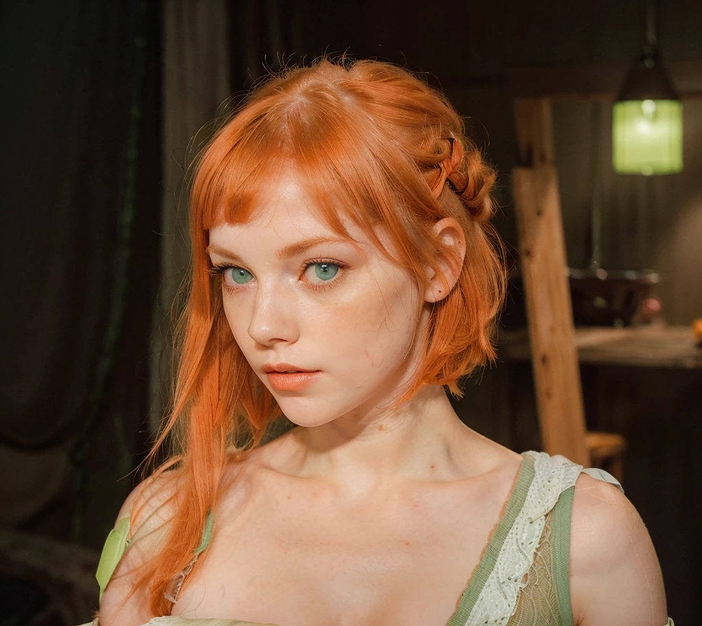 white redhead, woman named Lagertha, ((( very pale skin ))), ((( very light green eyes ))), ((( orange short hair arranged in a bun with bangs ))), lovely and beautiful serious face, freckles, wonderful and perfect realistic naked body, perfect naked small breasts, perfect pointy nipples, realistic naked vagina, realistic labia,  perfect bright red lips with bright red lipstick, white background, ((( direct bright lighting in her entire body ))), ((( extremely blushed cheeks ))), ((( bright green iris ))), ((( extreme thin lips ))), (((small lips ))), ((( bright green eyes ))), ((( small iris ))), ((( doll face )))