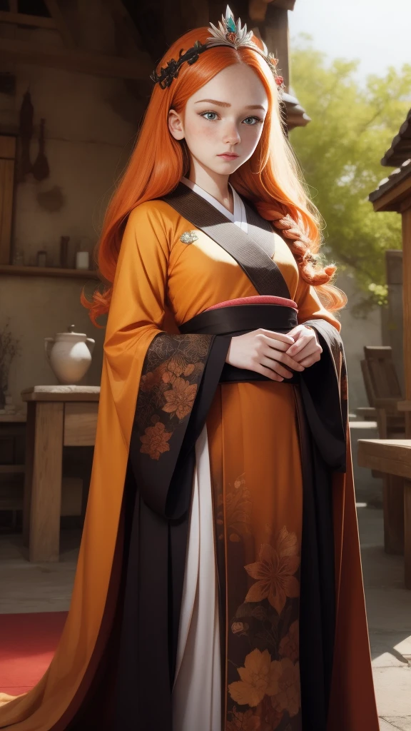 Young princess, striking figure, long flowing ginger hair, wavy hairs, fair skin, ((freckles)), ((kolito)), innocent and regal appearance, expressive green eyes are filled with a mix of curiosity and determination, her slender frame, elegant grace, vibrant orange kimono with white and black decorations, very long ((sleeves past fingers)), sleeves past wrists, feather headdress