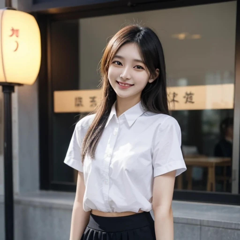Japanese、18 year old girl、Very slim、((Smiling))、business suit、Business district、mini skirt