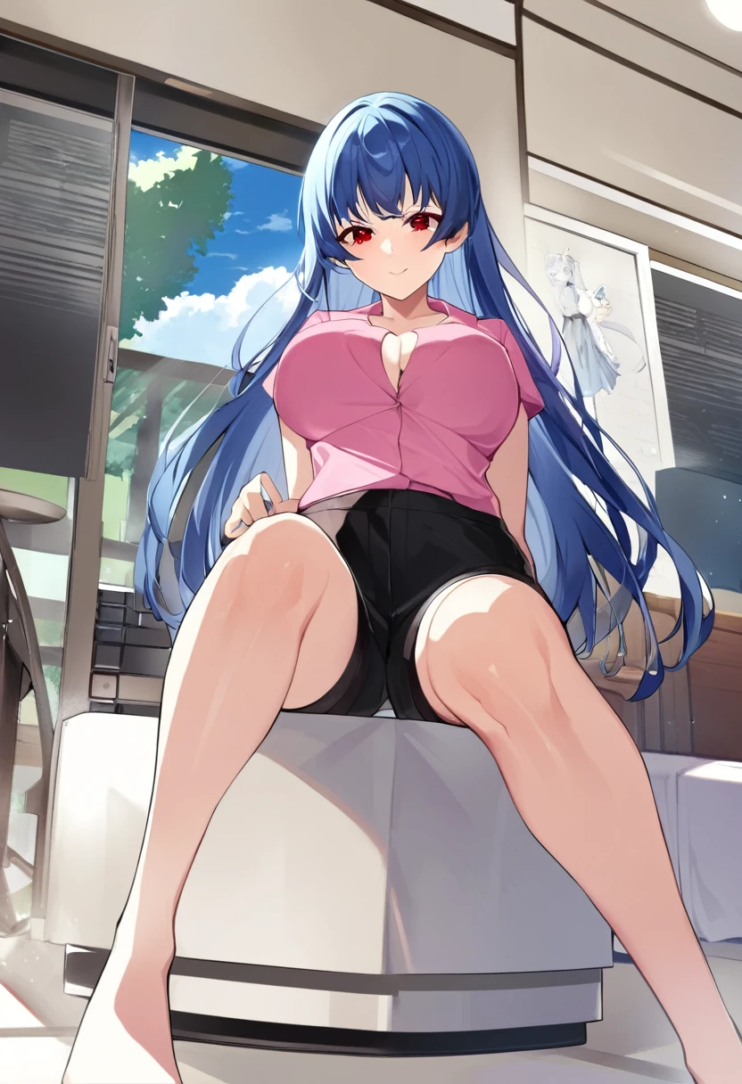 My name is Yukiko.I am a white test woman with long Sky blue hair,red eye color.I am 1.62 cm tall . My breasts measure 200 cm, my waist 40 cm and my hips 200 cm. dressed in a low-cut pink blouse and short black shorts. With 200 cm breasts