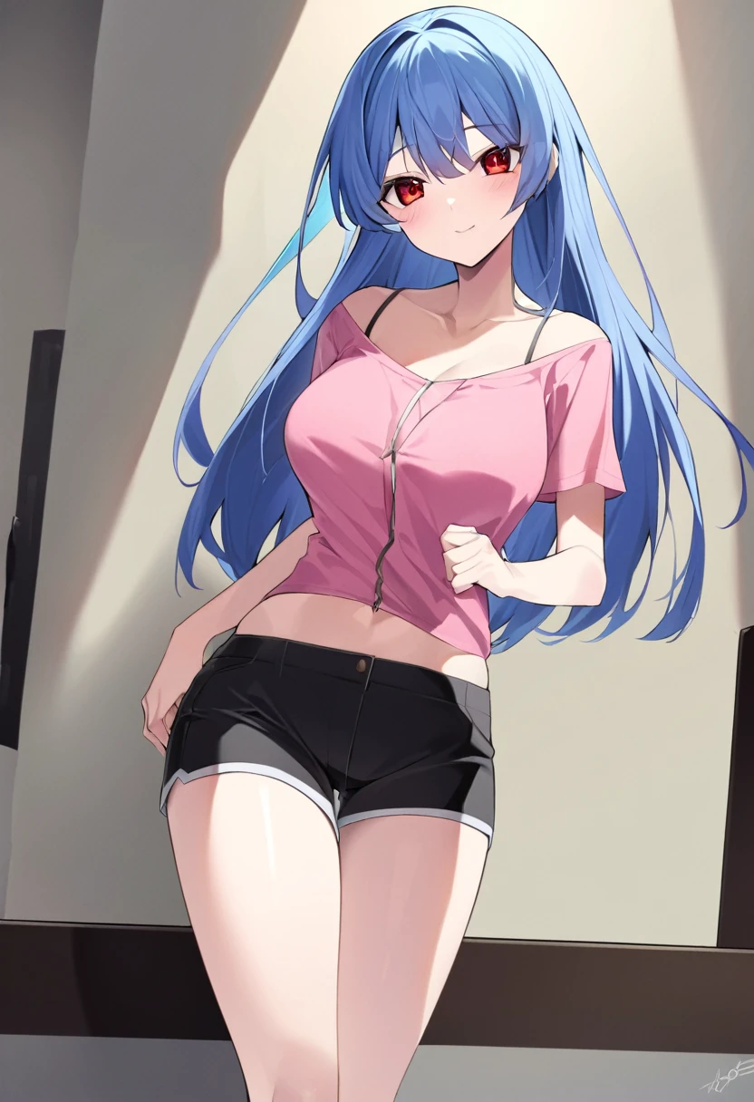 Girl1,cowboy shot,blue hair,red eyes,(underwear,tank,Shy,embarrassment,background in the room,taking out the tongue),HD,highly detailed