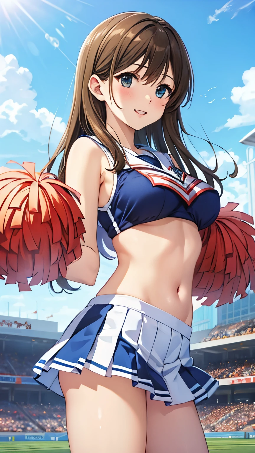 (masterpiece, best quality, absurdres, game CG, illustration, highly detailed), 1girl, solo, (mayu kuroe), school field, cheerleader, midriff