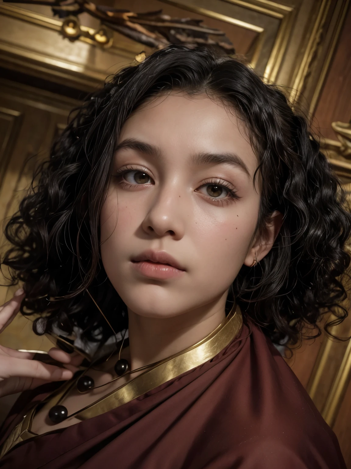 Maissa, black hair, curly hair, antlers, furrowed brow, rococo style