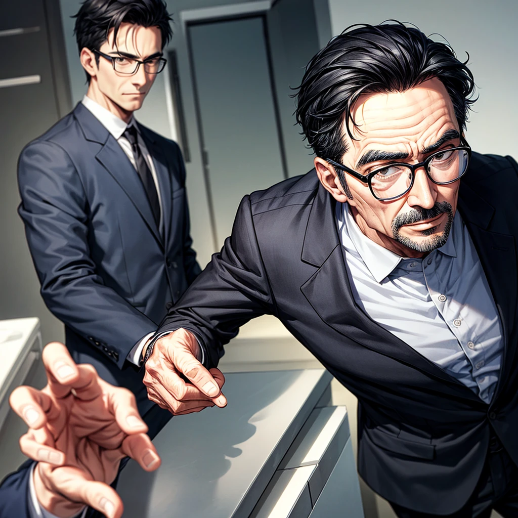 A cool old man with glasses, black hair, and a suit, no beard.。It's better to have a little bangs